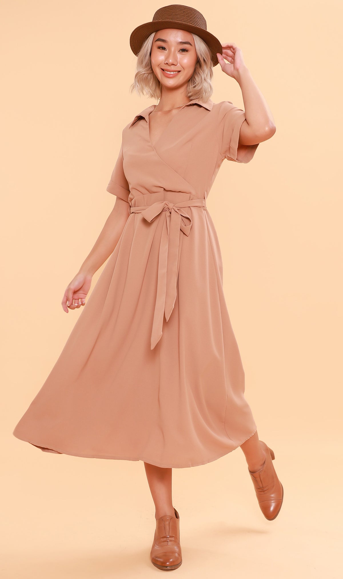 BEATRIX Collared Surplice Dress (Nude)