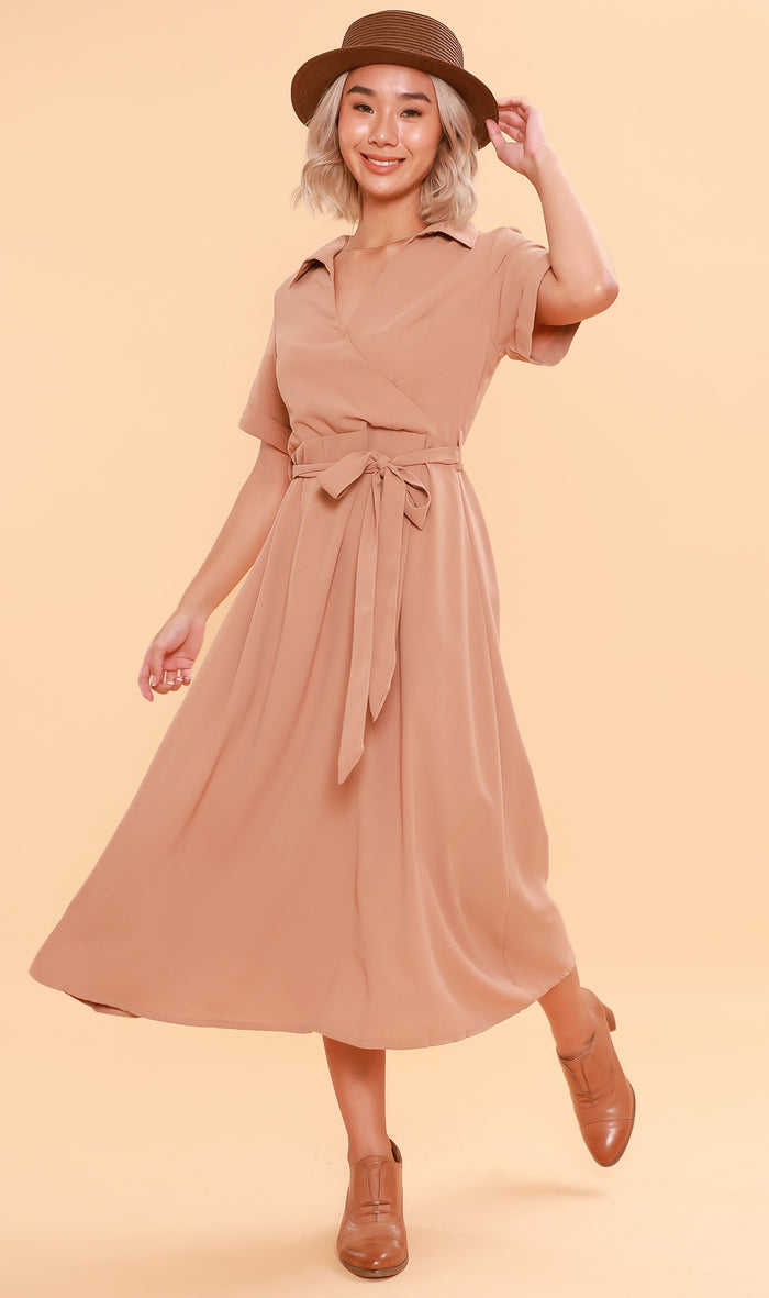 BEATRIX Collared Surplice Dress (Nude)