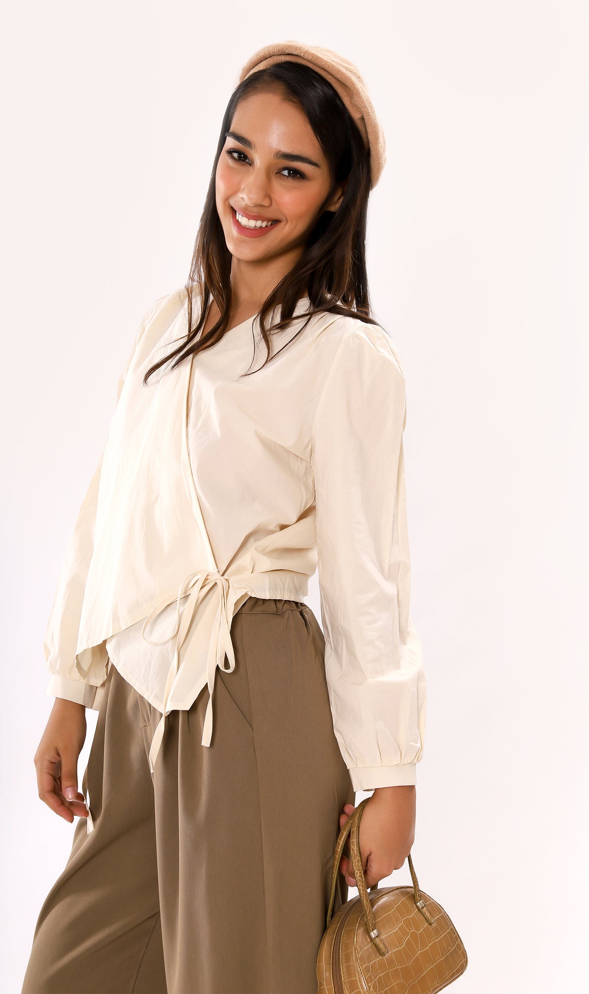 DESI Wrap-Front Long-Sleeve Top (Cream)
