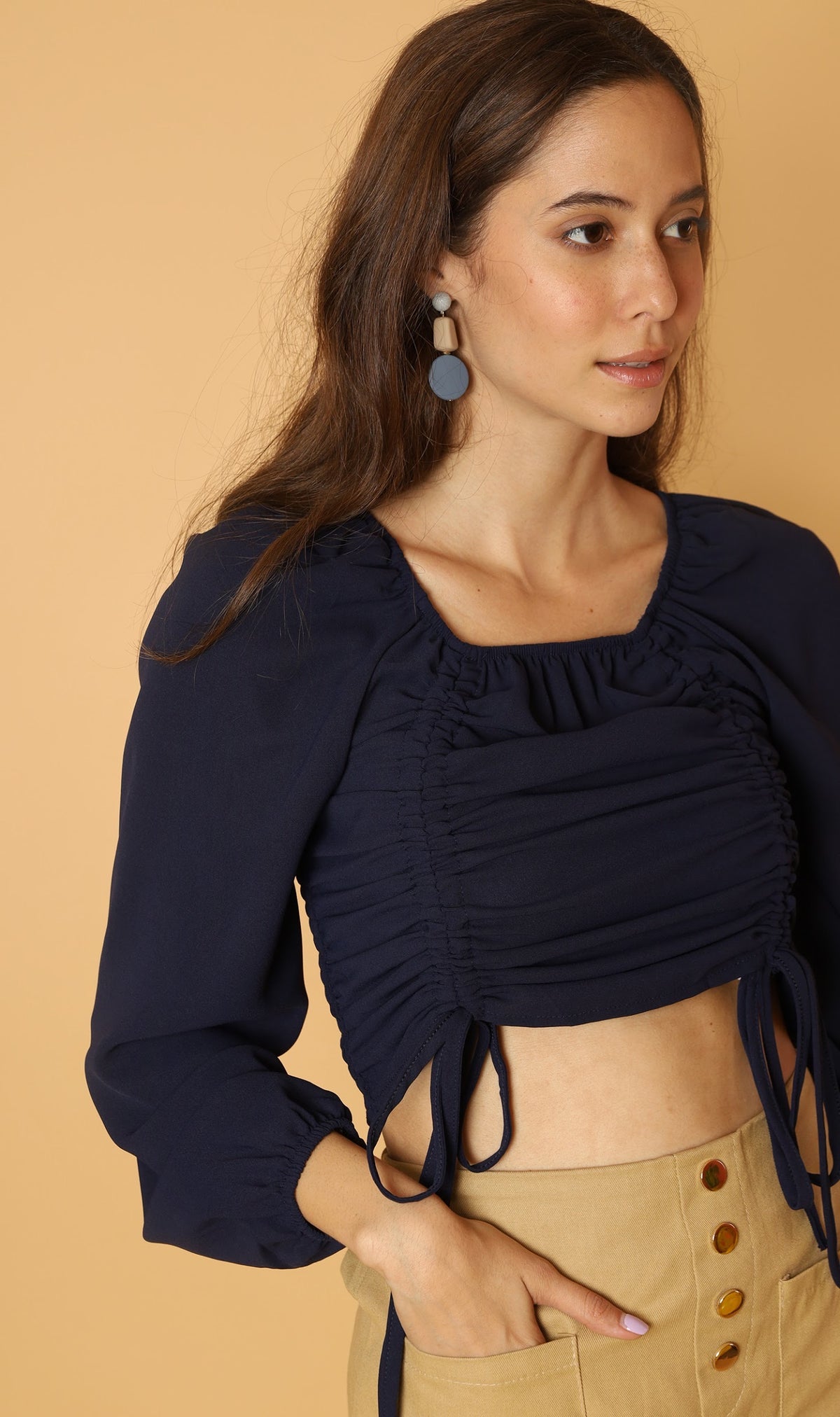 KIRA Ruched Off-Shoulder Top (Navy Blue)