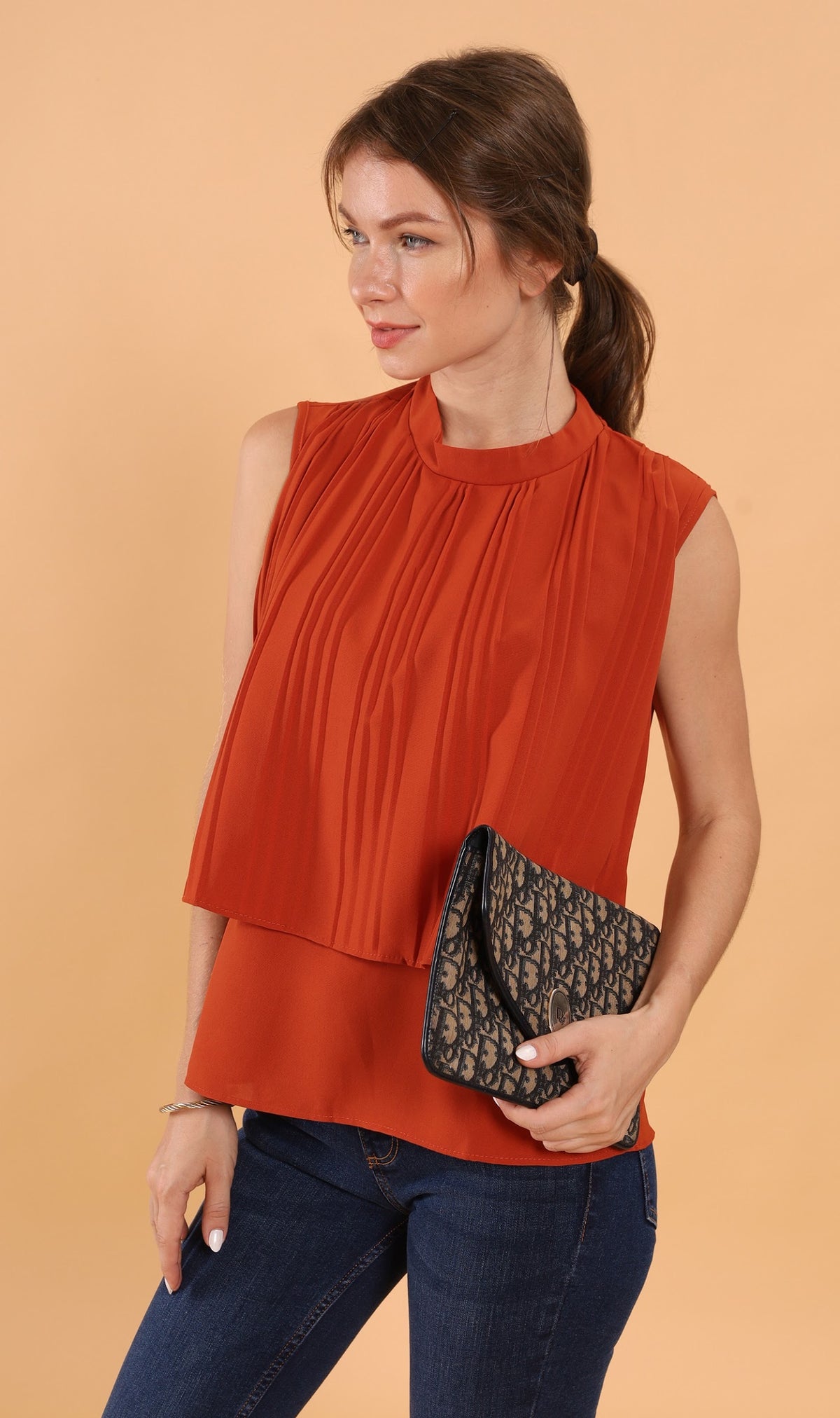 GEMMA Pleated Mock-Neck Top (Rust)