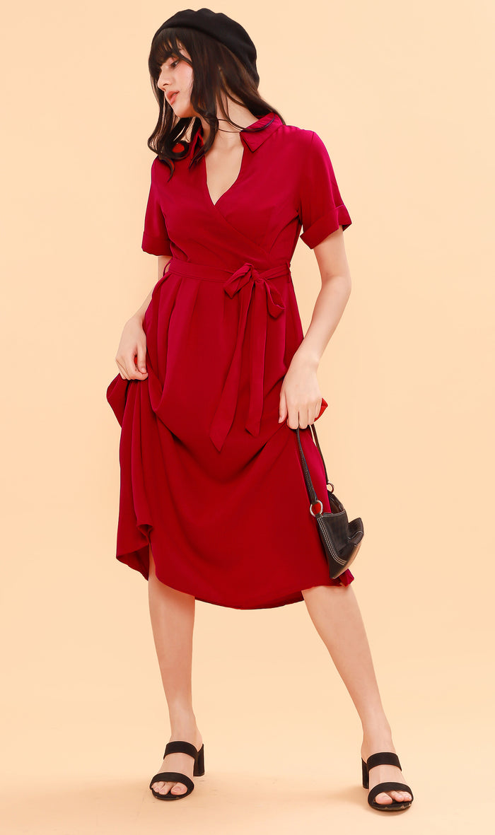 BEATRIX Collared Surplice Dress (Scarlet)