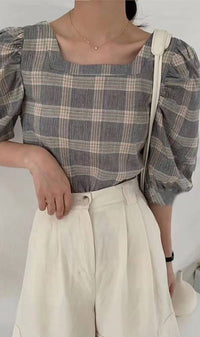 MARLA Plaid Puff-Sleeve 2-way Top (Dark Grey)