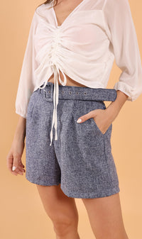 LUCILLE Tweed Belted Shorts (Blue)