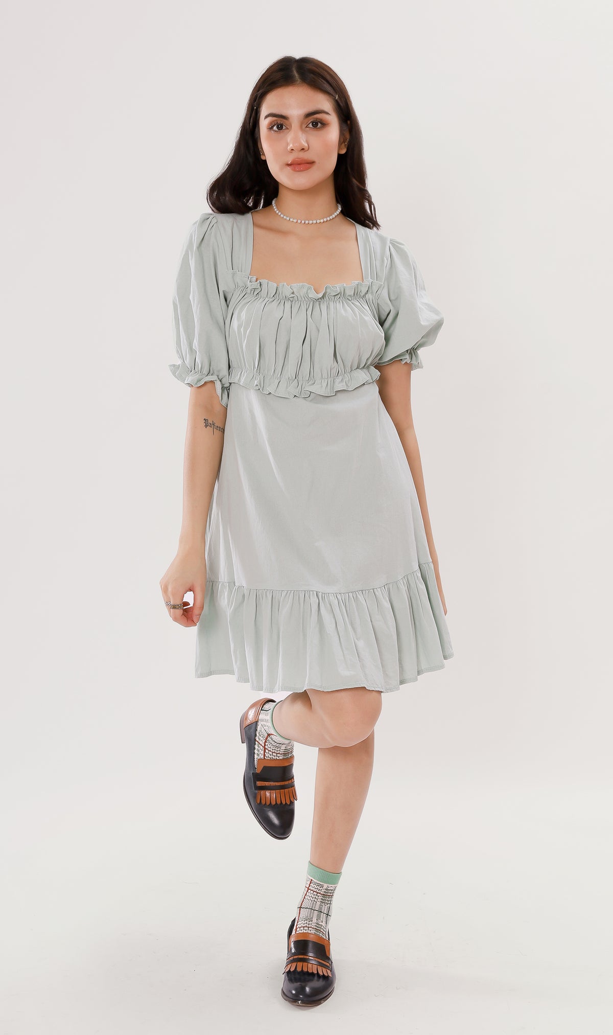 CLAUDETTE Ruched-Bust Ruffled Dress (Mint)