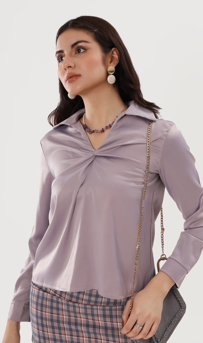 ELLIS Ruched-Front Collared Top (Lavander)