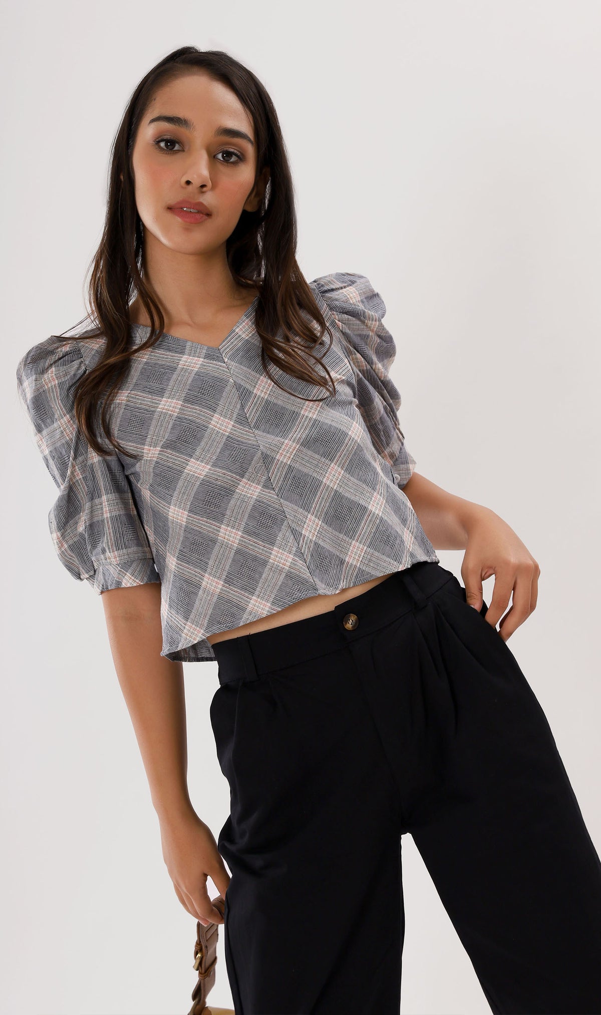 MARLA Plaid Puff-Sleeve 2-way Top (Dark Grey)