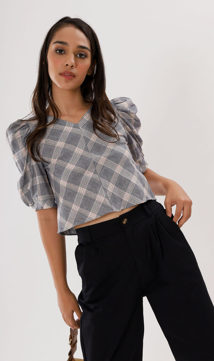 MARLA Plaid Puff-Sleeve 2-way Top (Dark Grey)