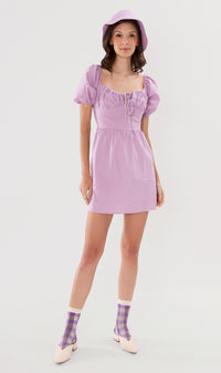 QUINCY Ruched Puff-Sleeve Dress w/ Hat (Lilac)