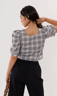 MARLA Plaid Puff-Sleeve 2-way Top (Dark Grey)