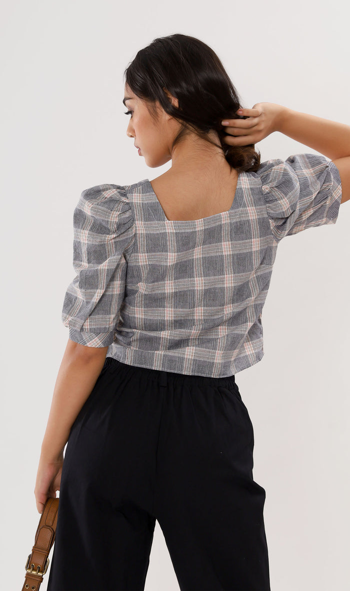 MARLA Plaid Puff-Sleeve 2-way Top (Dark Grey)