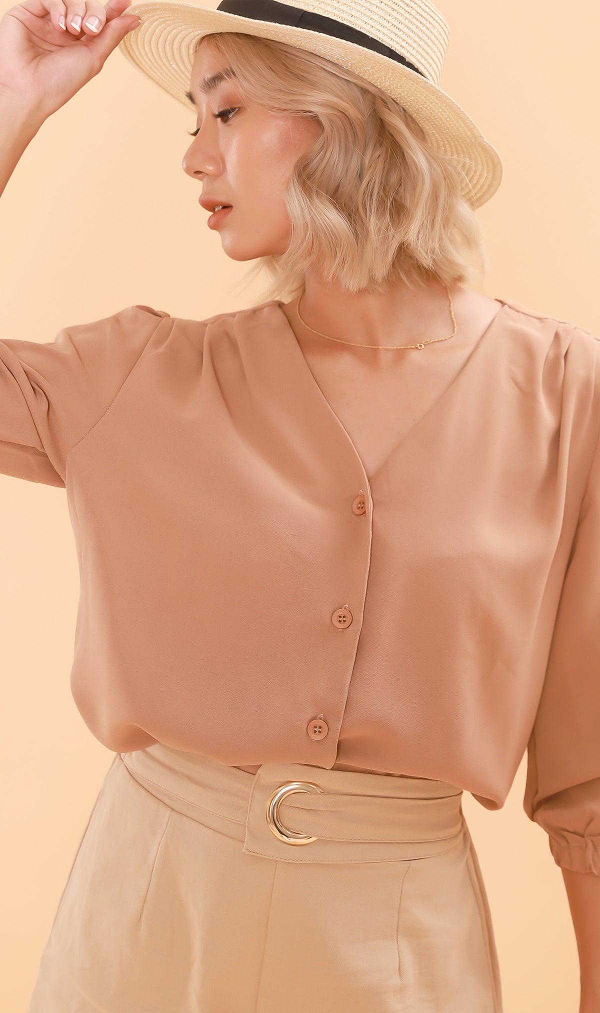 STELLA Button-Down Long-Sleeve Top (Nude)