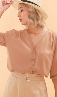 STELLA Button-Down Long-Sleeve Top (Nude)