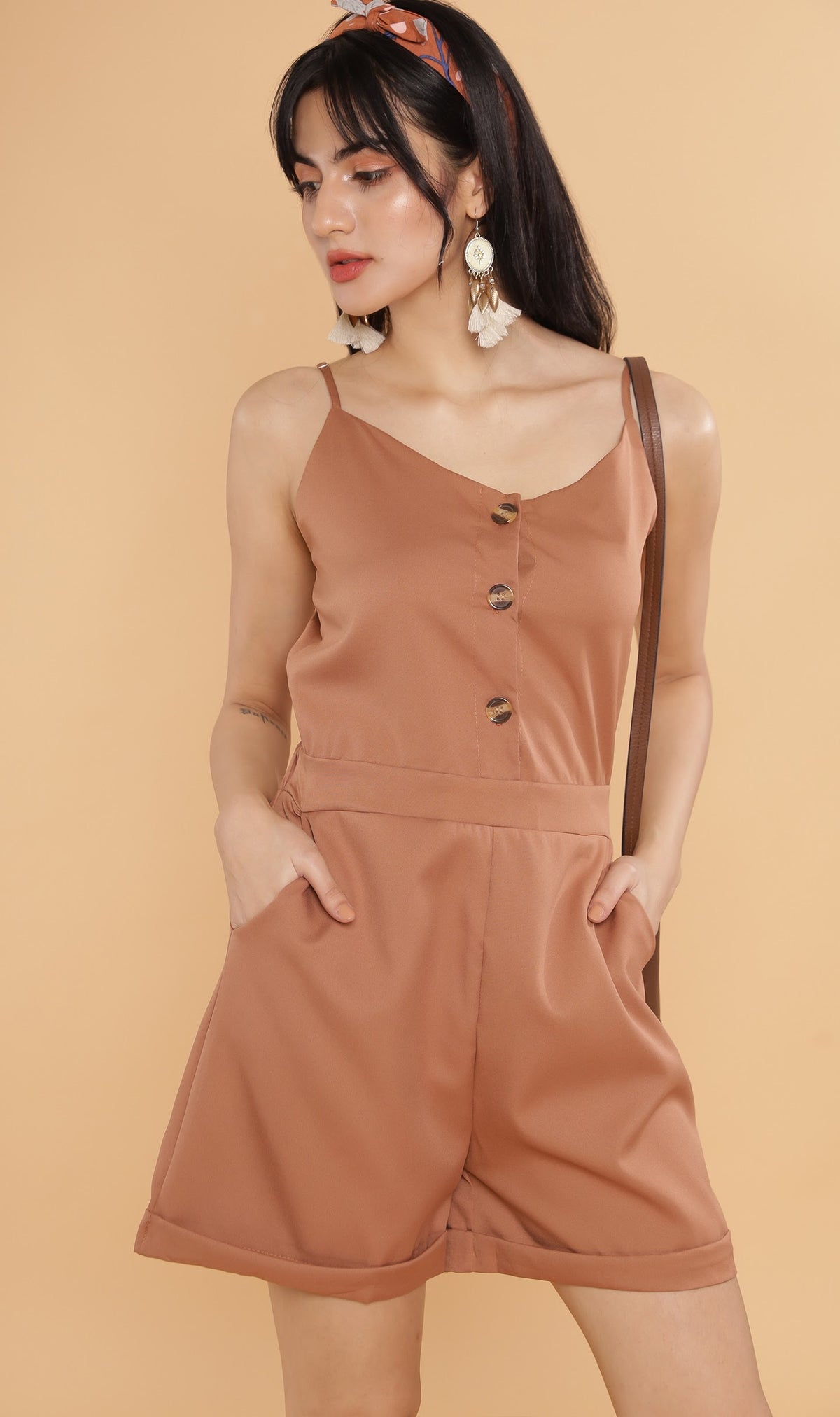 RHETT Spaghetti-Strap Romper (Mocha)