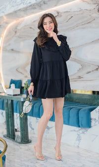 IMOGEN Bib-Collar Long-Sleeve Tiered Dress (Black)