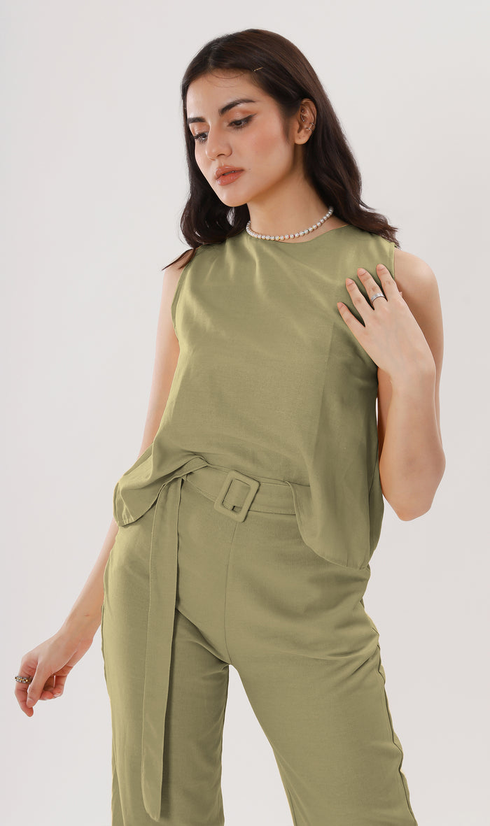 WILLA Linen Sleeveless Top & Belted Pants Co-ord (Sage)
