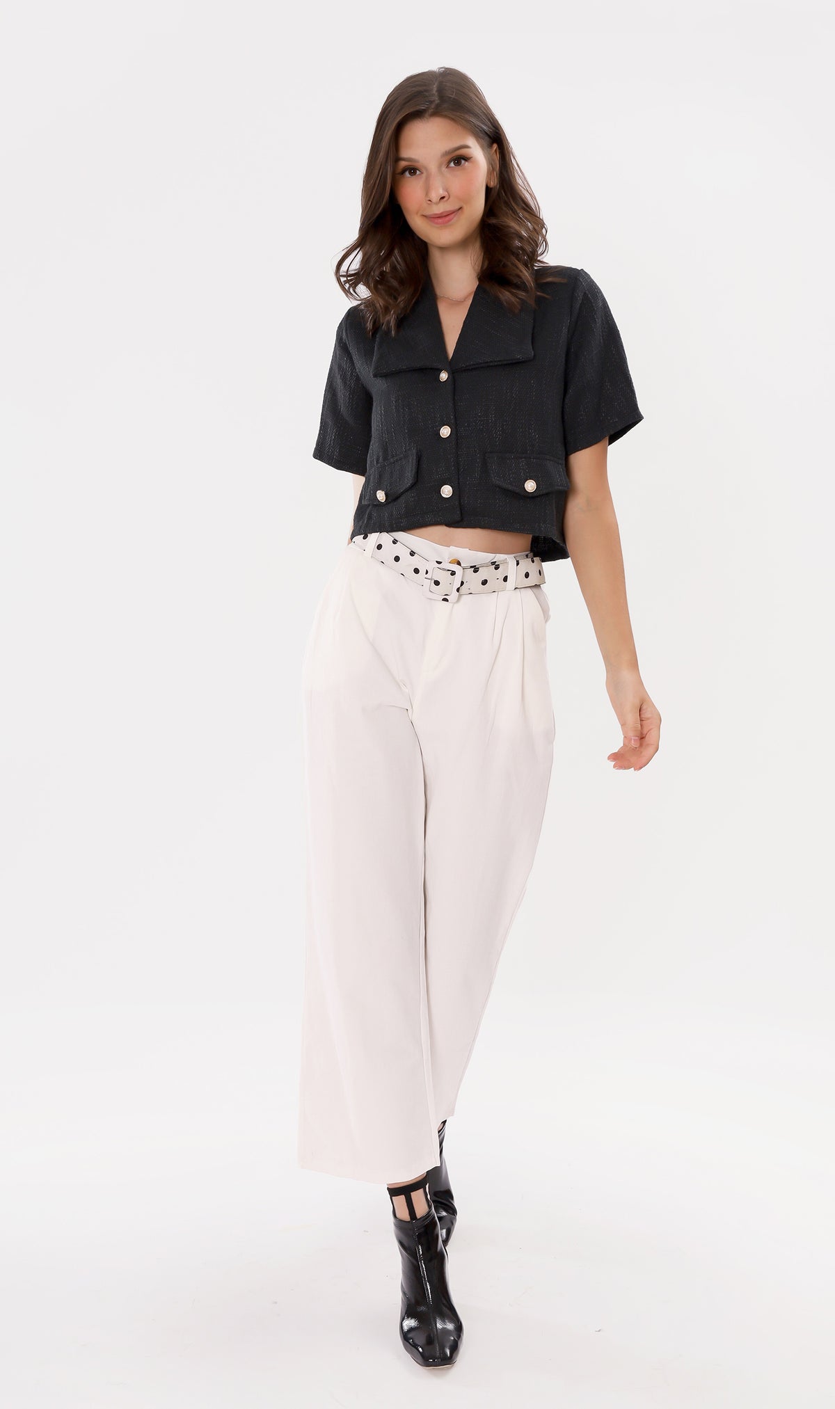 DIONNE Wide-Collar Tweed Blazer Top (Black)