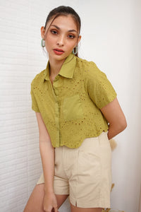 JANE Cropped Button-Down Eyelet Top (Apple Green)
