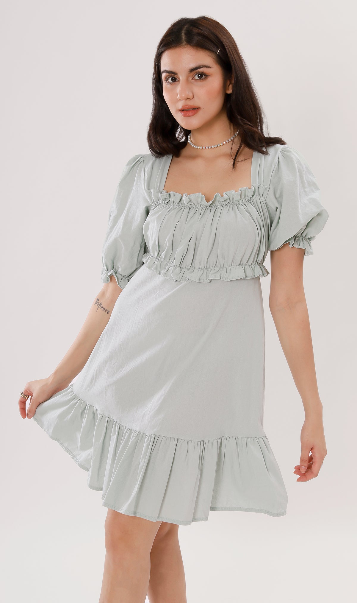CLAUDETTE Ruched-Bust Ruffled Dress (Mint)