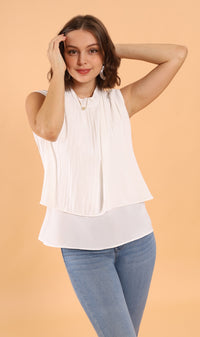 GEMMA Pleated Mock-Neck Top (White)