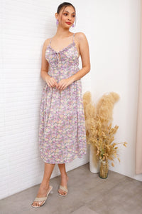 GISELLE Ruffled-Bustier Floral Midi Dress in Lavender