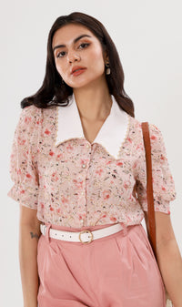 FARRAH Vintage-Collar Chiffon Button-Down (Blush)