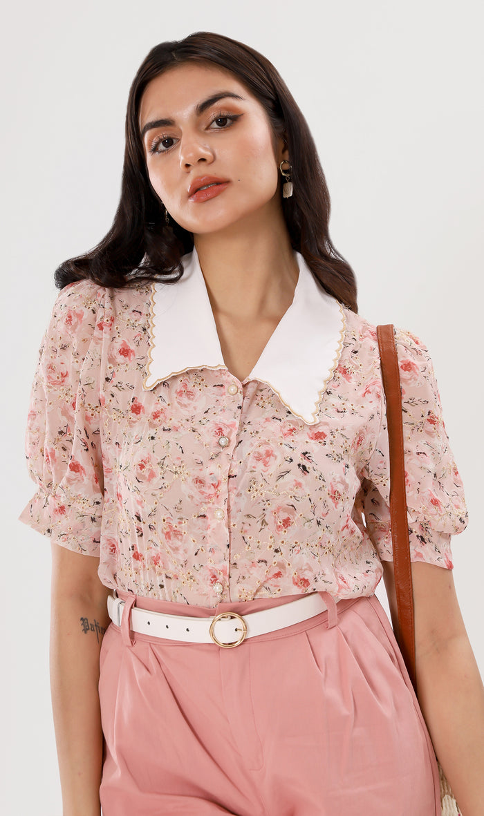 FARRAH Vintage-Collar Chiffon Button-Down (Blush)
