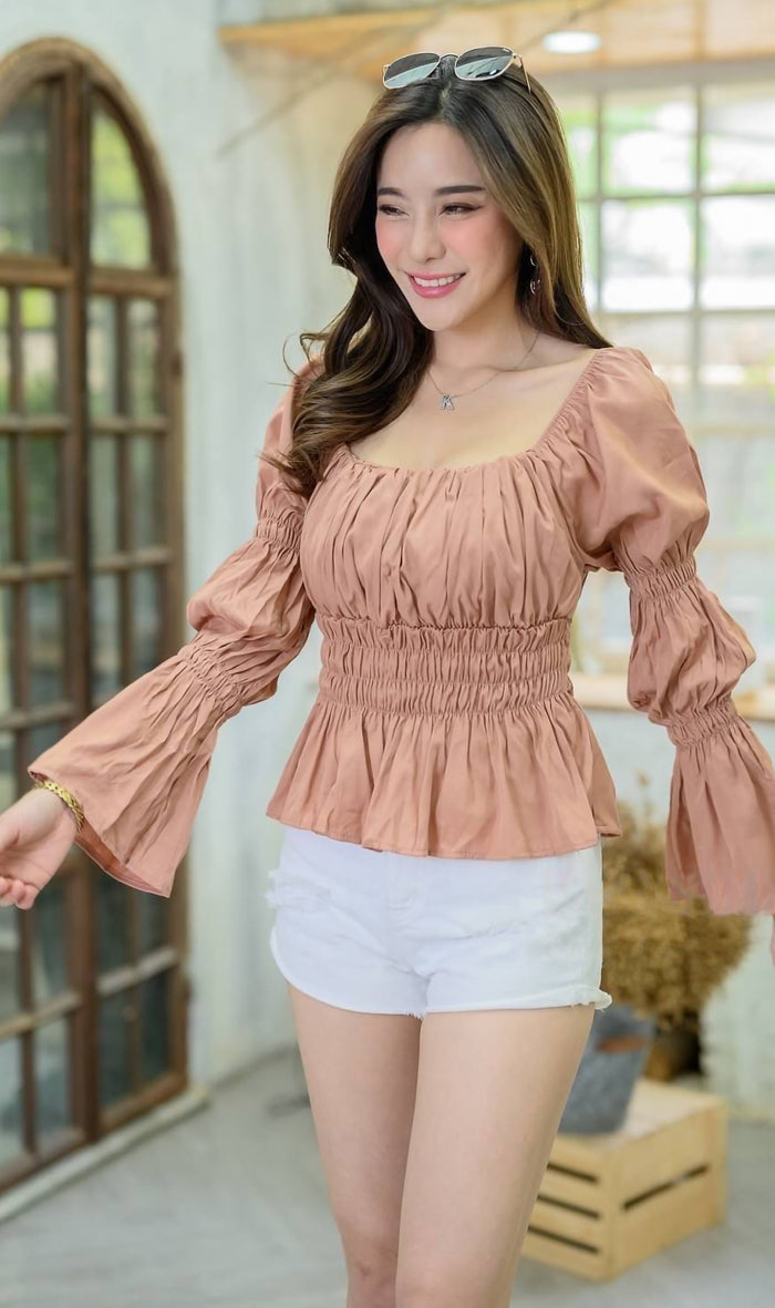 PRISCILLA Tiered-Sleeve Ruched 2-Way Top (Mocha)