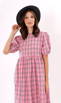 HAISLEY Puff-Sleeve Plaid Maxi Dress (Pink)