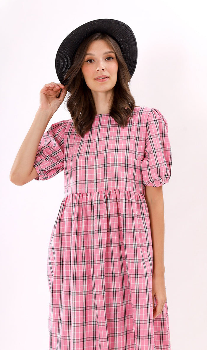 HAISLEY Puff-Sleeve Plaid Maxi Dress (Pink)