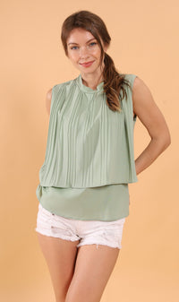 GEMMA Pleated Mock-Neck Top (Sage Green)