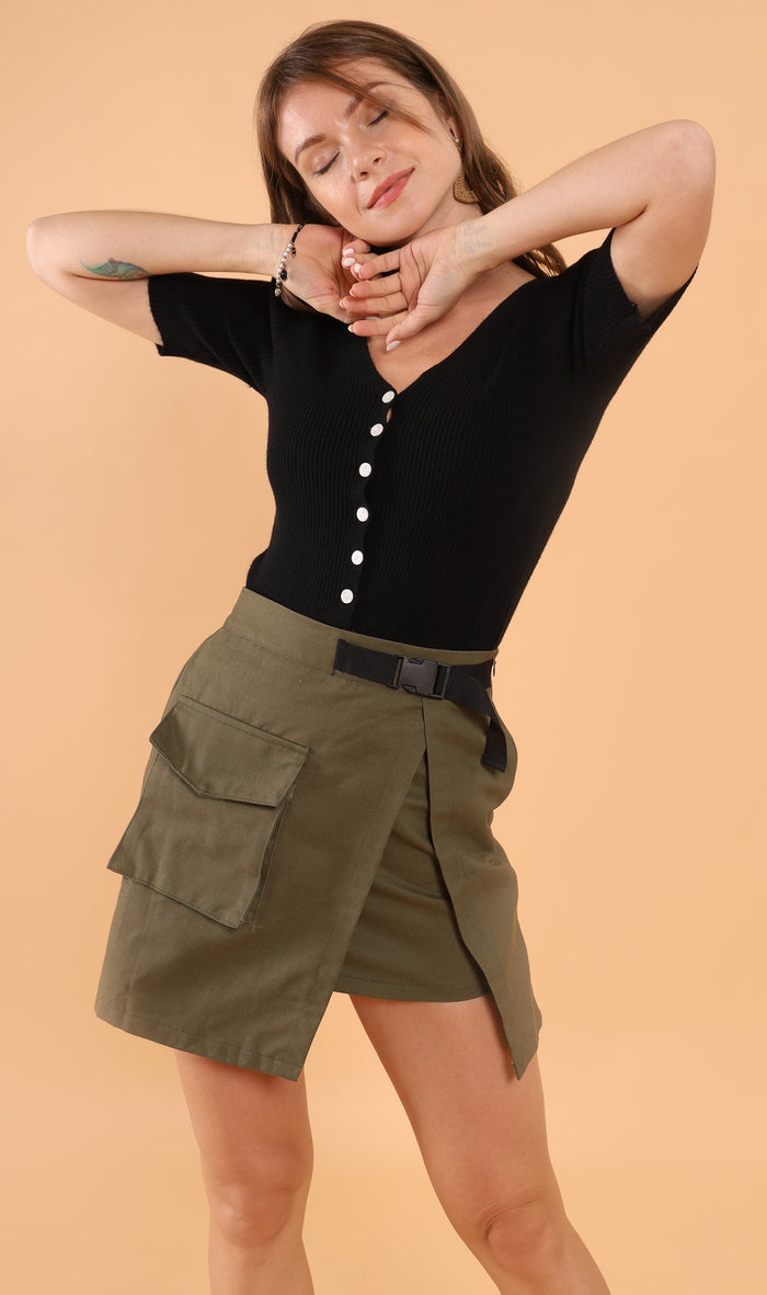 LAUREN Button-Down Knit Top (Black)