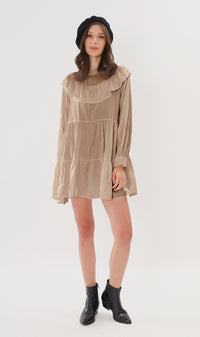 IMOGEN Bib-Collar Long-Sleeve Tiered Dress (Mocha)