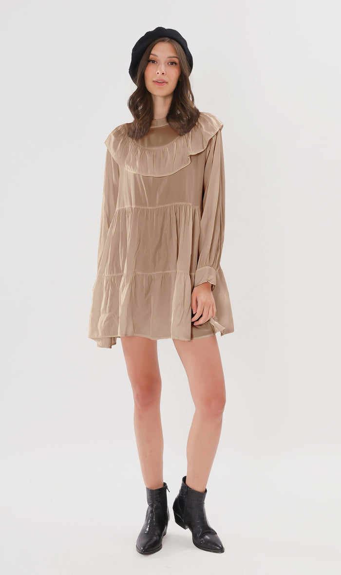 IMOGEN Bib-Collar Long-Sleeve Tiered Dress (Mocha)