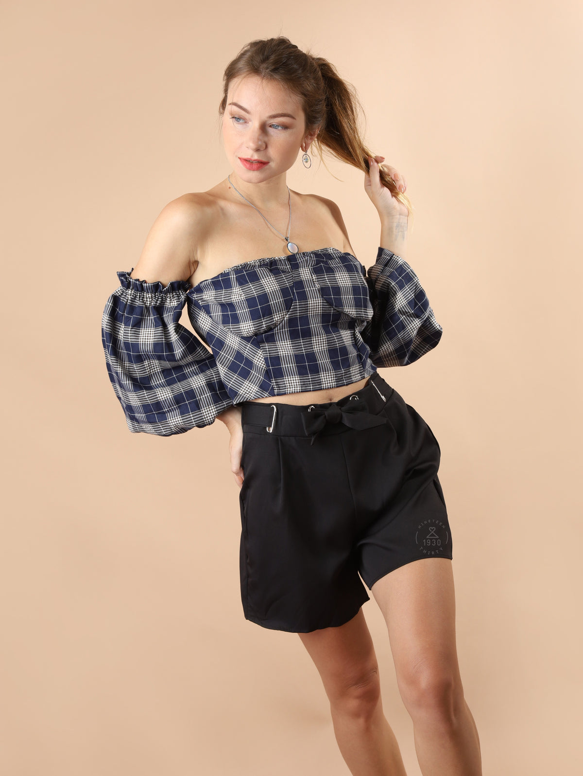 REESE Plaid Off-Shoulder Crop Top (Navy)