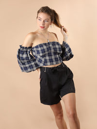 REESE Plaid Off-Shoulder Crop Top (Navy)
