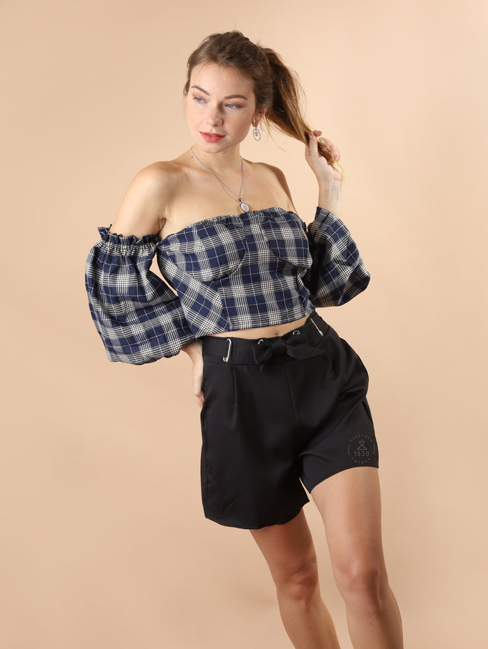 REESE Plaid Off-Shoulder Crop Top (Navy)