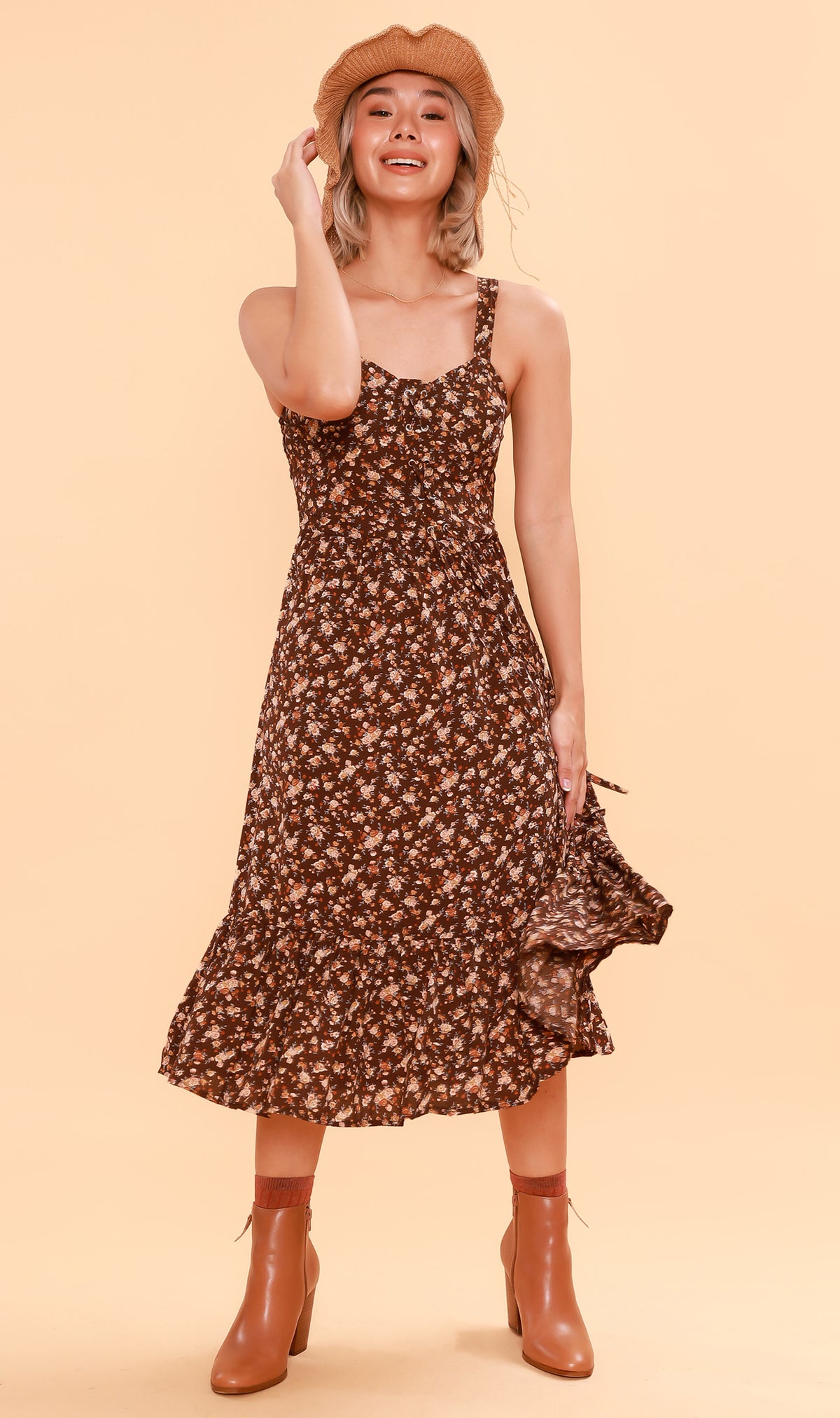 CRESSIDA Floral Lace-Up Midi Dress (Chocolate)