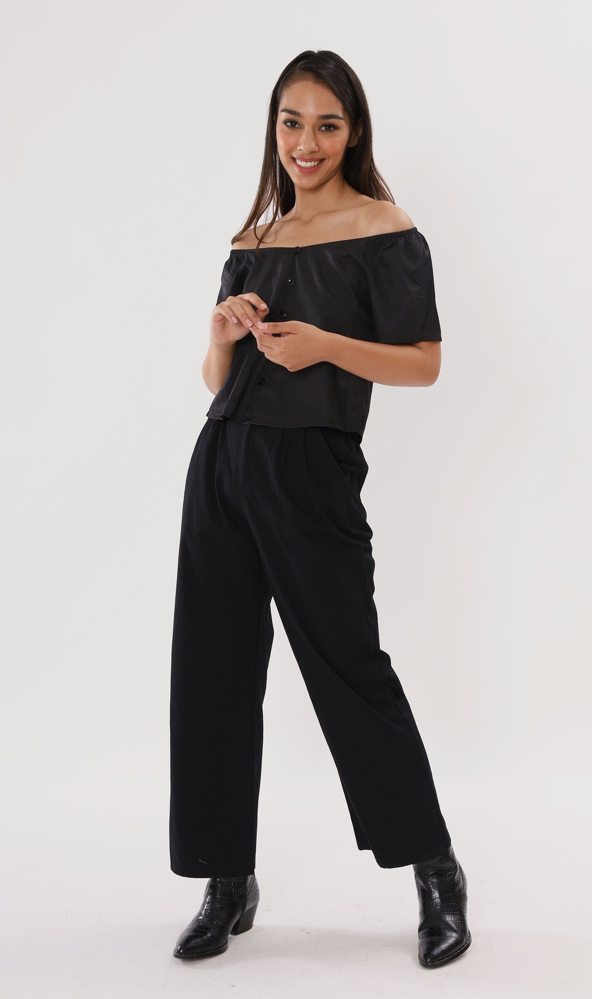 ELIANA Buttoned Flutter-Sleeve Top (Black)
