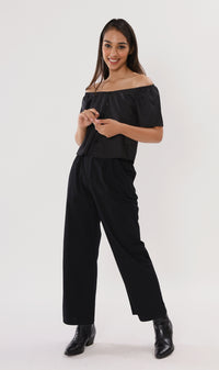 ELIANA Buttoned Flutter-Sleeve Top (Black)