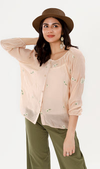 FLEUR Sheer Long-Sleeve Top (Peach)