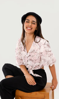 DEVIKA Tie-Waist Puff Sleeve Top (Blush)