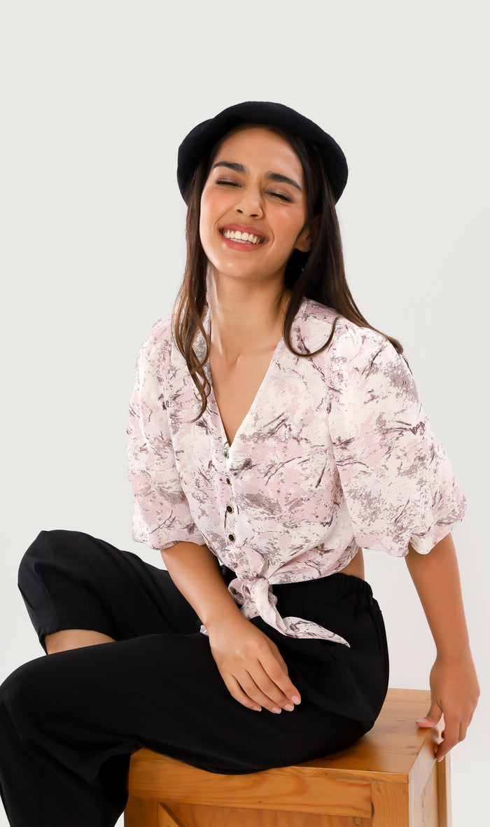 DEVIKA Tie-Waist Puff Sleeve Top (Blush)