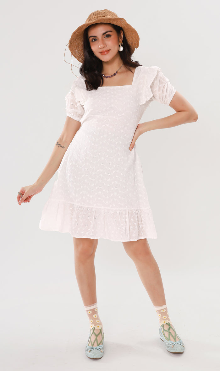 YUKI Ruffled-Sleeve Eyelet Dress