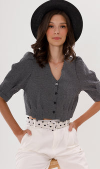 KATYA Buttoned Puff-Sleeve Grid Top (Black)