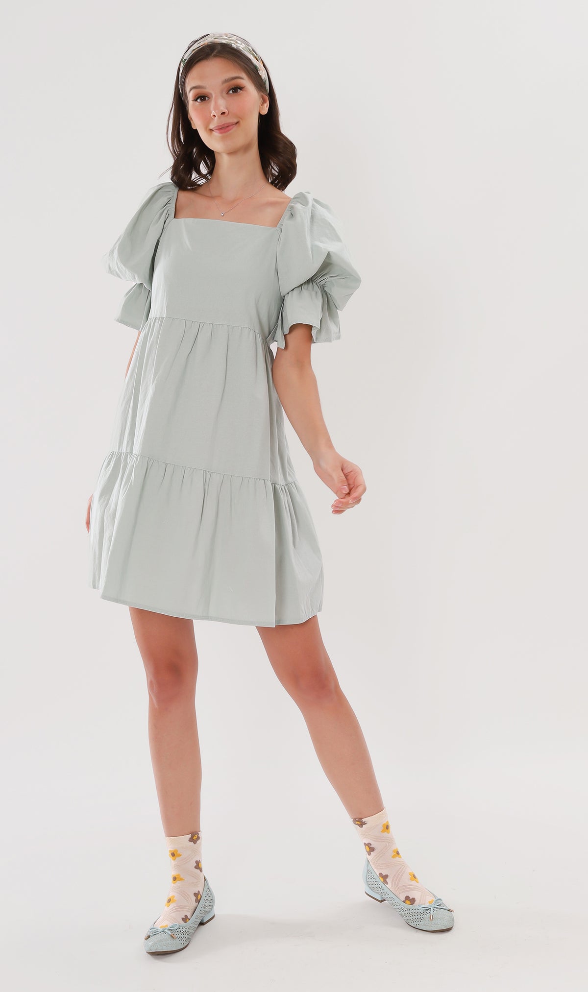 MADILYN Tiered Tie Puff-Sleeve Dress (Mint)
