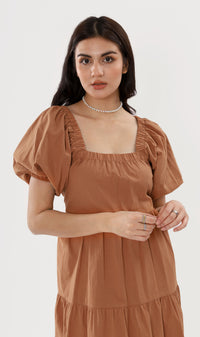 SOLANGE Linen Puff-Sleeve Dress (Cinnamon)