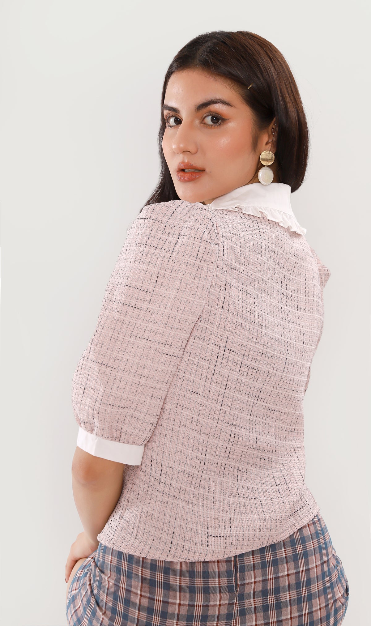 FAY Prairie-Collar Tweed Blazer Top(Pink)
