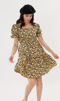 JADE Tiered Puff-Sleeve Dress (Black)