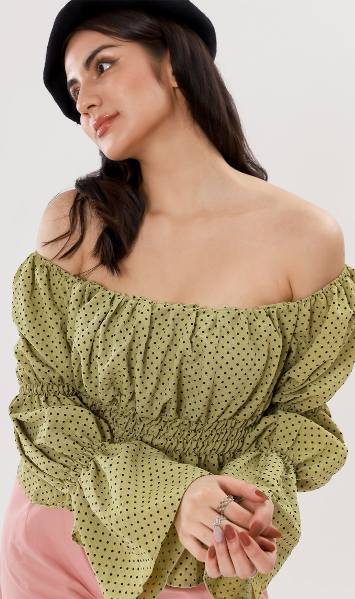 NIKKO Tiered-Sleeve Dotted 2-Way Top (Green)
